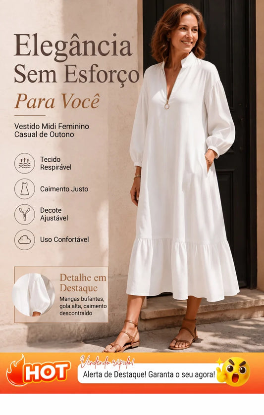 🍂 50% DESCONTO 💃 Vestido Feminino com Meio Zíper – Design Elegante em Linha A & Confortável ✨