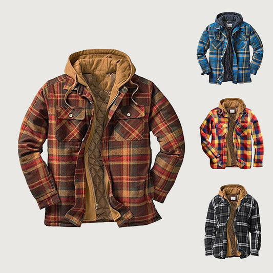 🍂 PREPARAÇÃO PARA O INVERNO 🧥 Casaco Masculino Acolchoado aos Quadrados com Capuz ✨ Forro Quente, Estilo Clássico & Conforto Diário