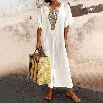 🔥 50K+ VENDIDO ⏰ 50% DE DESCONTO Vestido Maxi Boho Bordado | Mistura Respirável & Corte Solto ✨