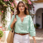 ✨ 50% de Desconto Blusa com Decote em V e Mangas 3/4 Elegantes – Suave, Respirável e Cheia de Estilo 💕