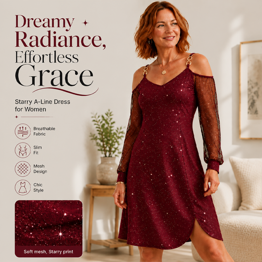 🔥 50% DE DESCONTO ✨ Vestido com Ombros à Mostra e Estrelas – Elegância que Encanta ✨
