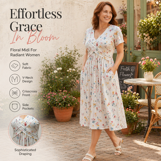 🔥 50% DESCONTO ✨ Vestido de Flores com Decote em V 👗 Corte que Emagrece e Bolsos Ocultos para Conforto Diário