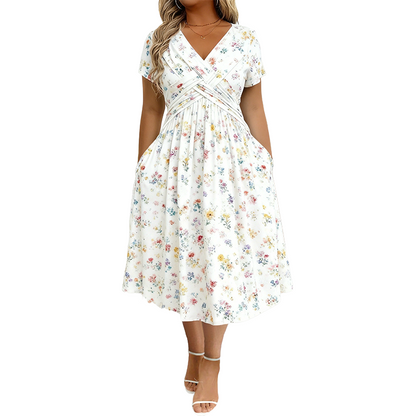 🔥 50% DESCONTO ✨ Vestido de Flores com Decote em V 👗 Corte que Emagrece e Bolsos Ocultos para Conforto Diário