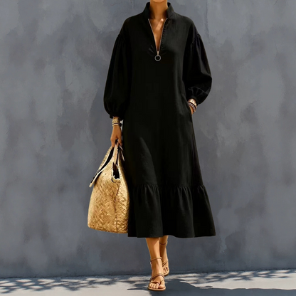 🍂 50% DESCONTO 💃 Vestido Feminino com Meio Zíper – Design Elegante em Linha A & Confortável ✨