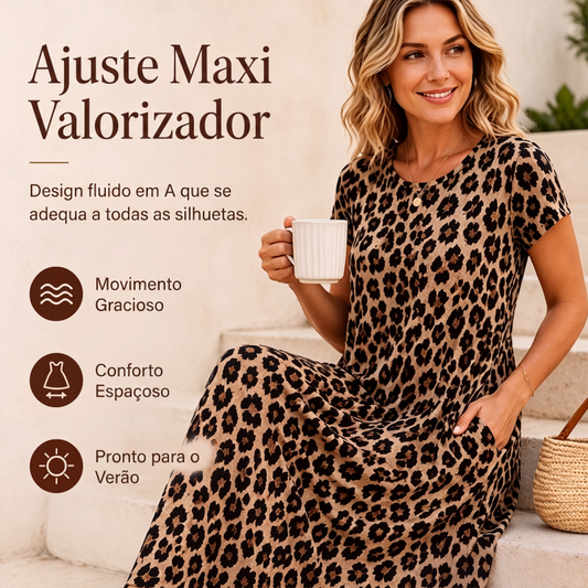 Vestido longo feminino de estampa de leopardo com bolsos, vestido longo casual de manga curta