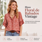 Blusa feminina vintage com estampa floral e decote V com babados