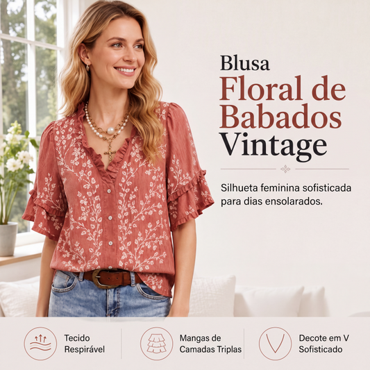 Blusa feminina vintage com estampa floral e decote V com babados