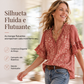 Blusa feminina vintage com estampa floral e decote V com babados
