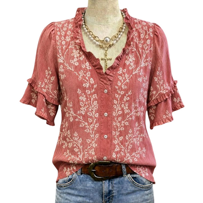 Blusa feminina vintage com estampa floral e decote V com babados
