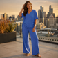 Conjunto casual feminino de blusa com decote em V e calças de perna larga