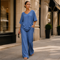 Conjunto casual feminino de blusa com decote em V e calças de perna larga