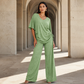 Conjunto casual feminino de blusa com decote em V e calças de perna larga