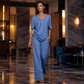 Conjunto casual feminino de blusa com decote em V e calças de perna larga