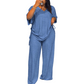 Conjunto casual feminino de blusa com decote em V e calças de perna larga