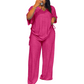 Conjunto casual feminino de blusa com decote em V e calças de perna larga