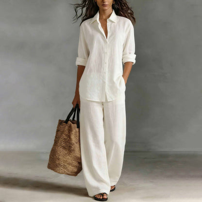 🌸 Nova Coleção 👚 Conjunto Feminino de Camisa e Calças de Perna Larga – Estilo elegante, corte fluido & conforto diário ✨