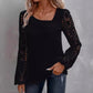 Blusa de manga longa feminina com recortes e patchwork de renda