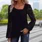 Blusa de manga longa feminina com recortes e patchwork de renda