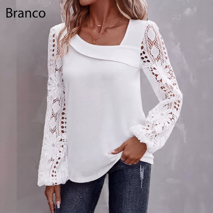 Blusa de manga longa feminina com recortes e patchwork de renda