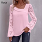 Blusa de manga longa feminina com recortes e patchwork de renda