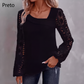 Blusa de manga longa feminina com recortes e patchwork de renda
