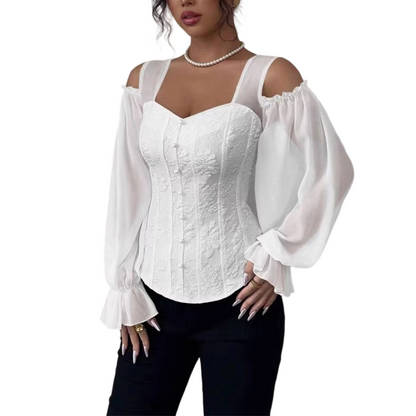 Blusa de Jacquard Floral com Ombros de Fora para Mulher