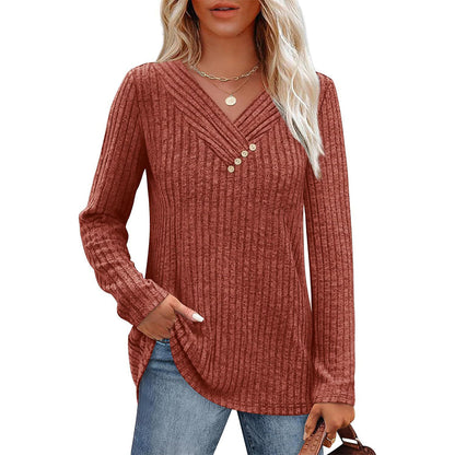 🌸 Nova Coleção 👚 Camisola Feminina Canelada com Decote em V – Botões decorativos, estilo elegante & ajuste confortável ✨