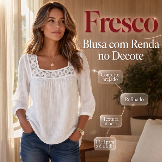 Blusa de renda de crochê com decote quadrado para mulher