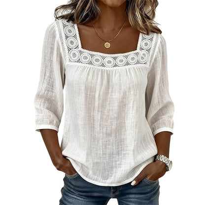 Blusa de renda de crochê com decote quadrado para mulher