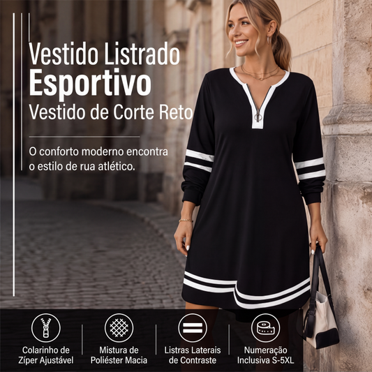 🔥 Nova Coleção 👗 Vestido Feminino Casual às Riscas com Meio Fecho e Manga Comprida ✨ estilo moderno, conforto diário & visual versátil