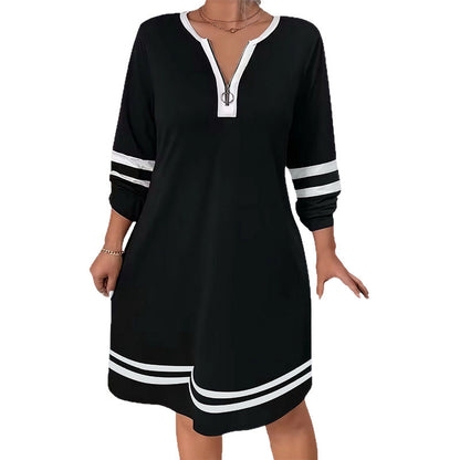 🔥 Nova Coleção 👗 Vestido Feminino Casual às Riscas com Meio Fecho e Manga Comprida ✨ estilo moderno, conforto diário & visual versátil
