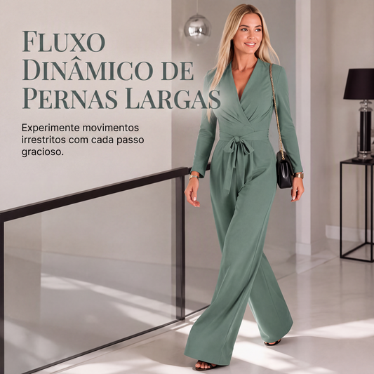 💎 Oferta Exclusiva 👗 Macacão Feminino de Manga Comprida com Decote em V e Cinto – Corte Elegante, Silhueta Valorizada & Conforto ✨