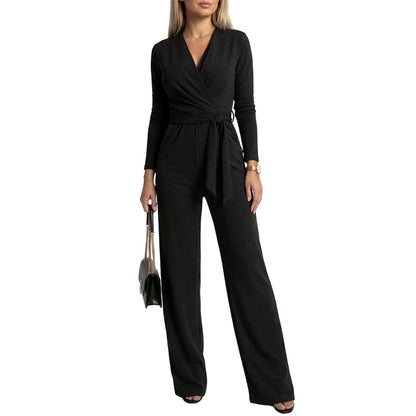 💎 Oferta Exclusiva 👗 Macacão Feminino de Manga Comprida com Decote em V e Cinto – Corte Elegante, Silhueta Valorizada & Conforto ✨
