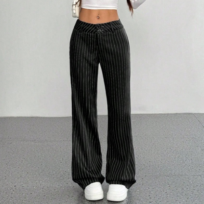 🔥 Tendência Atual 👖 Calças Femininas de Perna Larga às Riscas – Design Elegante, Corte Confortável & Visual Alongado ✨
