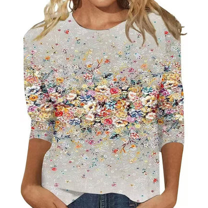 Camiseta de gola redonda com estampas da moda feminina