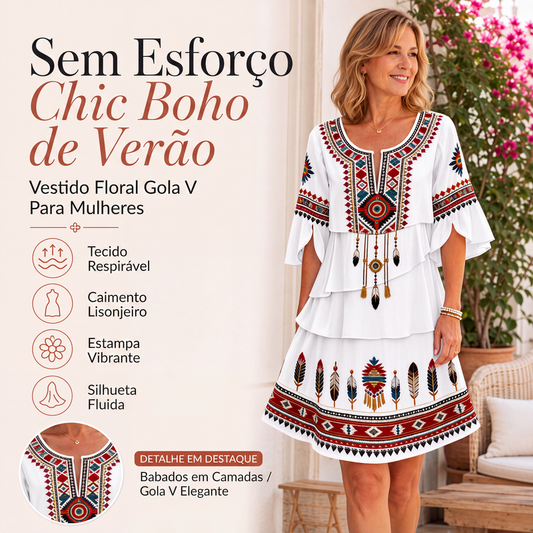 💎 Exclusieve Deal ✨ Vestido Feminino Vintage com Estampado Étnico – Design em Camadas & Estilo Boho Elegante 💕