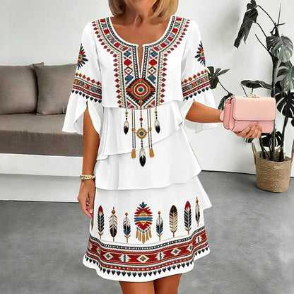 💎 Exclusieve Deal ✨ Vestido Feminino Vintage com Estampado Étnico – Design em Camadas & Estilo Boho Elegante 💕