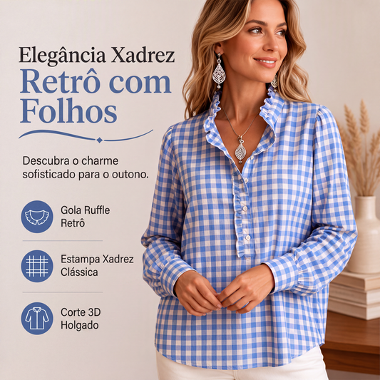 Camisa casual de manga longa com babados e xadrez vichy para mulheres