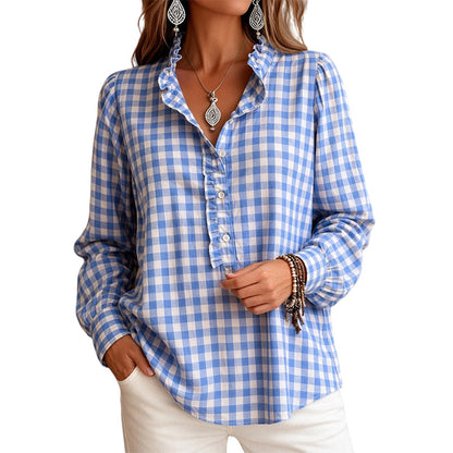 Camisa casual de manga longa com babados e xadrez vichy para mulheres