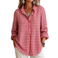 Camisa casual de manga longa com babados e xadrez vichy para mulheres
