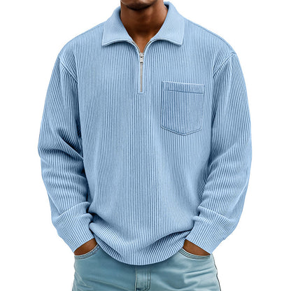 Suéter casual masculino canelado com zíper meio comprido