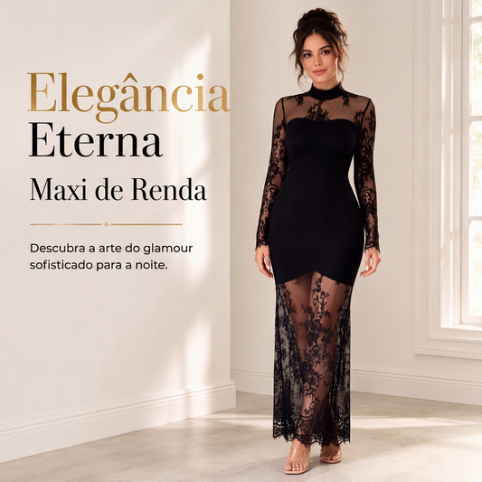 🌹 Estilo Elegante ✨ Vestido Maxi Feminino de Manga Comprida com Detalhes em Renda 👗 Visual Romântico, Confortável & Sofisticado