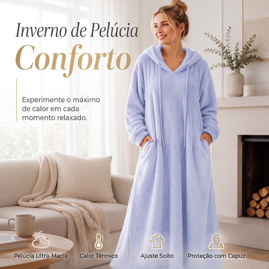 🔥 Oferta Especial ✨ Vestido Lounge Feminino de Pelúcia com Capuz 🧸 Super Confortável, Quente & Estilo Casual Aconchegante