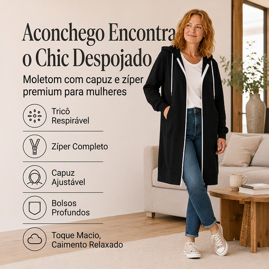 🍂 PREPARAÇÃO PARA O INVERNO 🧥 Jaqueta Feminina Alongada com Capuz e Zíper ✨ Visual Elegante, Conforto Quente & Estilo Versátil