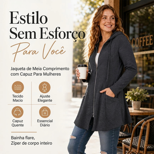🎉 PREÇO ESPECIAL DE HOJE 🧥 Casaco de Moletão Feminino com Capuz e Fecho – Comprimento Médio & Conforto Diário ✨