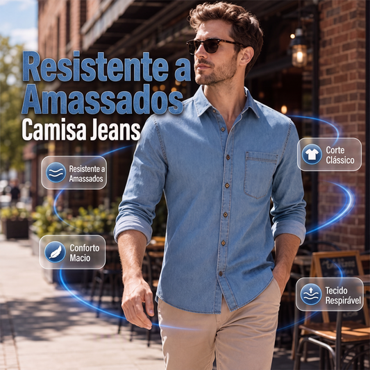🔥 OFERTA LIMITADA 👕 Camisa Jeans Masculina Casual de Manga Comprida ✨ Estilo Denim Clássico, Conforto Diário & Visual Versátil