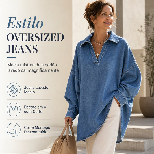 🎁 OFERTA IMPERDÍVEL 👕 Camisola Feminina Casual com Gola V e Manga Morcego ✨ Estilo Denim, Bainha Assimétrica & Conforto Diário