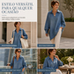 🎁 OFERTA IMPERDÍVEL 👕 Camisola Feminina Casual com Gola V e Manga Morcego ✨ Estilo Denim, Bainha Assimétrica & Conforto Diário