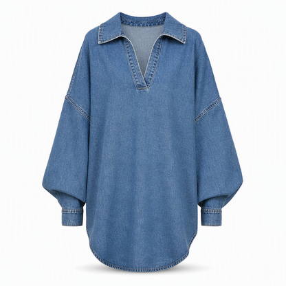🎁 OFERTA IMPERDÍVEL 👕 Camisola Feminina Casual com Gola V e Manga Morcego ✨ Estilo Denim, Bainha Assimétrica & Conforto Diário