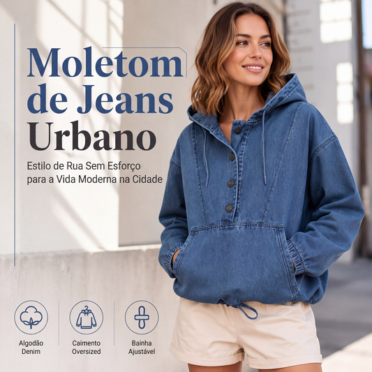 💎 OFERTA ESPECIAL 👕 Sweatshirt Jeans Feminina Casual com Capuz e Botões ✨ Visual Denim, Conforto Diário & Estilo Versátil